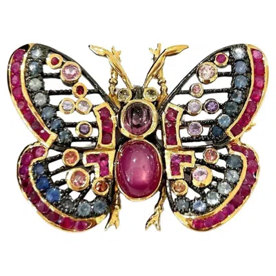 Pre-owned Bochic “orient” Ruby, Multi Sapphires & Spinal Brooch Set In 18k Gold & Silver