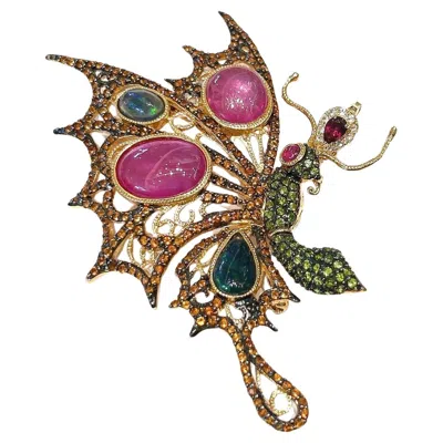 Pre-owned Bochic “orient” Ruby, Multi Sapphires & Tsavorite Brooch Set 18k Gold & Silver