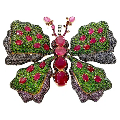 Pre-owned Bochic “orient” Ruby, Sapphires & Amethyst Brooch Set In 18k Gold & Silver In Purple