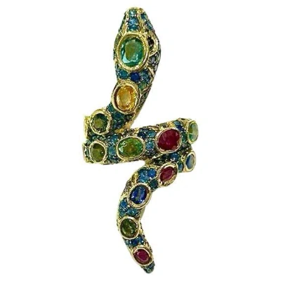 Pre-owned Bochic “orient” Serpent Emerald, Sapphire & Ruby Ring Set In 18k Gold & Silver In Blue