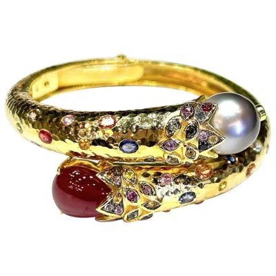 Pre-owned Bochic “orient” South Sea Pearl, Ruby & Sapphire Bangle Set In 18k Gold & Silver In Blue