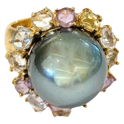 Pre-owned Bochic “orient” Tahiti Pearl & Multi Color Sapphire Ring Set 18k Gold & Silver In Blue