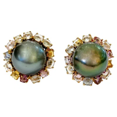 Pre-owned Bochic “orient” Tahiti Pearls & Multi Sapphire Earrings Set In 18k Gold & Silver In Blue