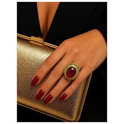 Pre-owned Bochic “orient” Vimtage Emerald & Ruby Cocktail Ring Set In 18k Gold & Silver In Green