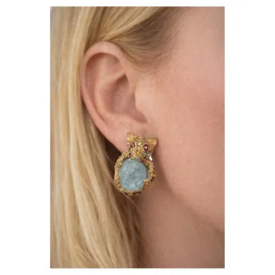 Pre-owned Bochic Orient Vintage 18k Gold Aquamarine, Ruby, Sapphire Earrings In Blue