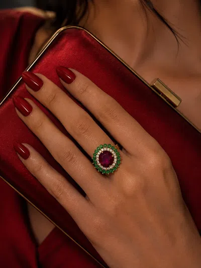 Pre-owned Bochic “orient” Vintage 8ct Ruby, Emerald & Diamond Ring In 18k Gold & Silver In Green