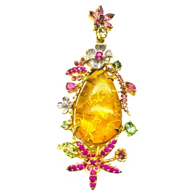 Pre-owned Bochic “orient” Vintage Amber, Ruby & Emerald Brooch Set In 18k Gold & Silver In Green