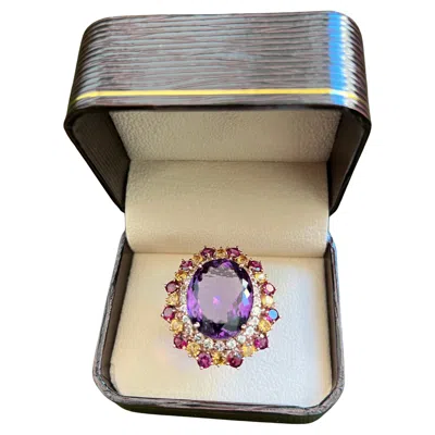 Pre-owned Bochic “orient” Vintage Amethyst & Multi Gem Cocktail Ring Set 18k Gold & Silver In Purple