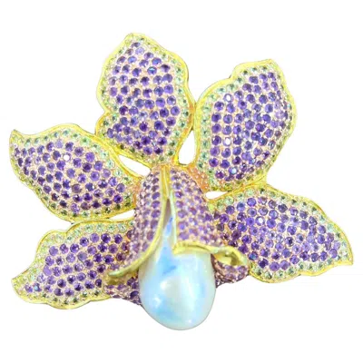 Pre-owned Bochic “orient” Vintage Amethyst & Pearl Large Brooch, 18k Gold & Silver In Purple