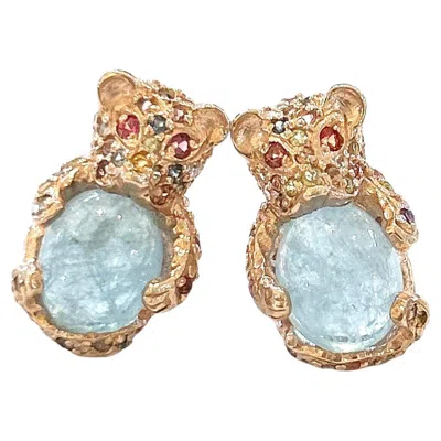 Pre-owned Bochic “orient” Vintage Aquamarine & Sapphire Earrings 18k Gold & Silver In Blue