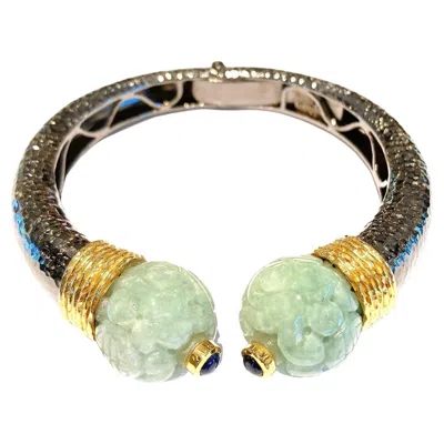 Pre-owned Bochic “orient” Vintage Bangle Set 18k Gold & Silver With Vintage Carved Jade In Green