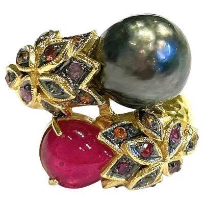 Pre-owned Bochic “orient” Vintage Black Pearl & Ruby Ring Set In 18k Yellow Gold & Silver