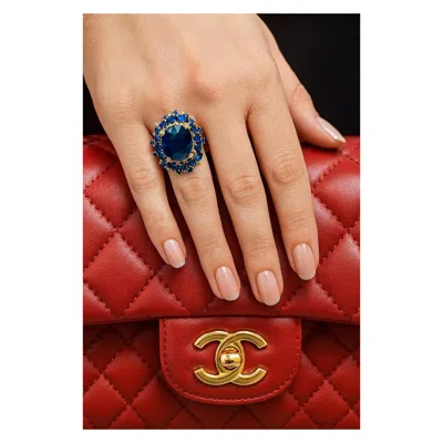 Pre-owned Bochic “orient” Vintage Blue Sapphire & Diamond Cluster Ring Set 18k & Siver
