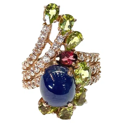 Pre-owned Bochic “orient” Vintage Blue Sapphire&multi Gem Cocktail Ring 18k Gold & Silver
