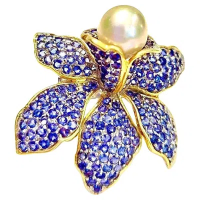 Pre-owned Bochic “orient” Vintage Blue Sapphire & South Sea Pearl Ring - 18k Gold & Silver