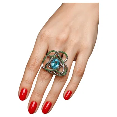 Pre-owned Bochic “orient” Vintage Blue Topaz & Emeralds Ring Set 18k Gold & Silver