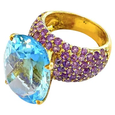 Pre-owned Bochic “orient” Vintage Blue Topaz & Pink Sapphire Cocktail Ring 18k Gold & Silv