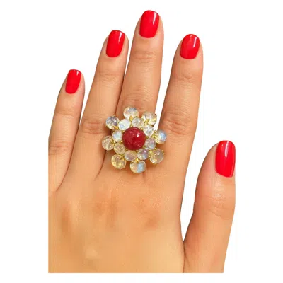 Pre-owned Bochic “orient” Vintage Bubble Cabochon Ruby & Moon Stone Ring Set 18k Gold & Si In Multi