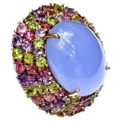 Pre-owned Bochic “orient” Vintage Chalcedony & Multi Gem Cocktail Ring - 18k Gold & Silver