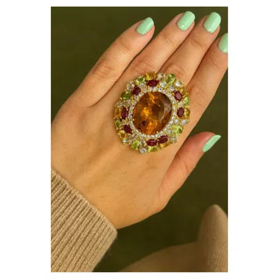 Pre-owned Bochic “orient” Vintage Citrine & Peridot Cocktail Ring Set In 18k Gold&silver In Multi