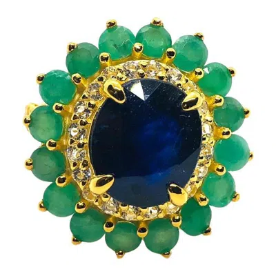 Pre-owned Bochic “orient” Vintage Diamond, Blue Sapphire & Emerald Ring Set In 18k Gold & In Green