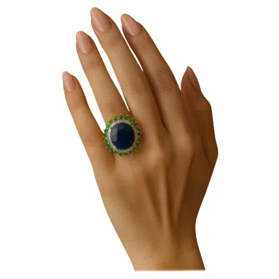 Pre-owned Bochic “orient” Vintage Diamond, Blue Sapphire & Emerald Ring Set In 18k Gold & In Green