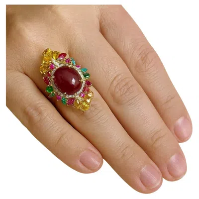 Pre-owned Bochic “orient” Vintage Diamond, Emerald & Sapphire Ring Set In 18k & Silver In Green