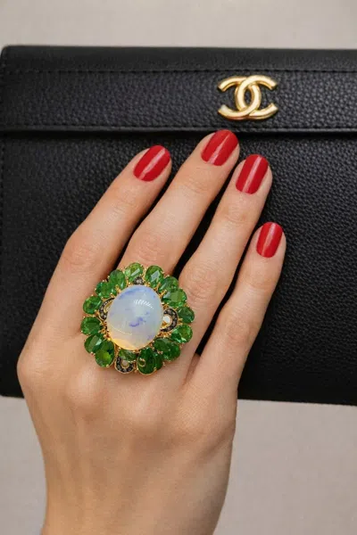 Pre-owned Bochic “orient” Vintage Diamond, Emeralds & Fire Opal Ring Set In 18k Gold & Sil In Multi