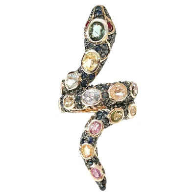 Pre-owned Bochic “orient” Vintage Diamond Ruby & Sapphire Serpent Ring - 18k & Silver In Blue