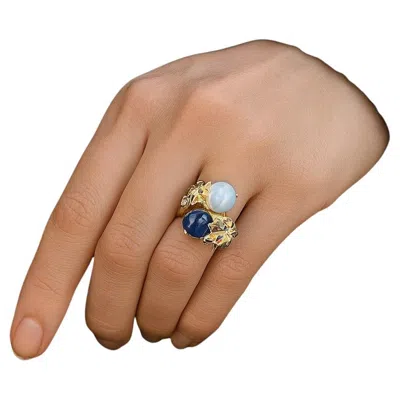Pre-owned Bochic “orient” Vintage Diamond, Sapphires & Pearl Ring Set In 18k Gold & Silver In Multi
