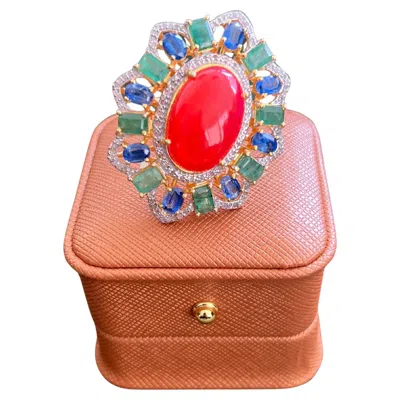 Pre-owned Bochic “orient” Vintage Diamonds, Emeralds & Sapphire Ring Set In 18k Gold & Sil In Blue