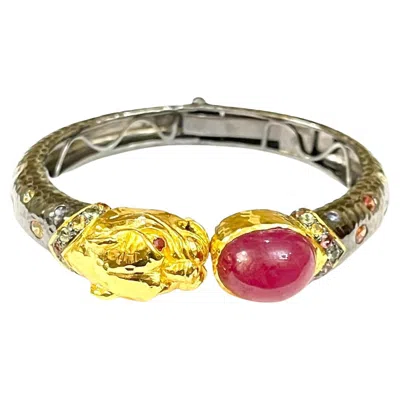 Pre-owned Bochic “orient” Vintage Dragon Bangle Set 18k Gold & Silver Ruby & Sapphires In Multi