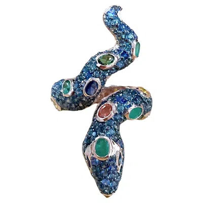 Pre-owned Bochic “orient” Vintage Emerald & Fancy Sapphires Serpent Ring 18k & Silver In Green