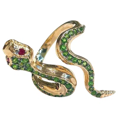 Pre-owned Bochic “orient” Vintage Emerald & Ruby Serpent Ring In 18k Gold & Silver In Green