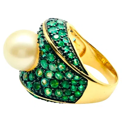 Pre-owned Bochic “orient” Vintage Emerald & South Sea Pearl Ring Set In 18k Gold & Silver In Green