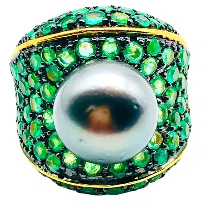 Pre-owned Bochic “orient” Vintage Emerald & Tahiti Pearl Ring Set In 18k Gold & Silver In Green