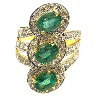 Pre-owned Bochic “orient” Vintage Emerald & Topaz Cocktail Ring Set In 18k Gold & Silver In Green