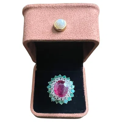 Pre-owned Bochic “orient” Vintage Emerald, Ruby & Diamond Ring Set In 18k Gold & Silver In Multi