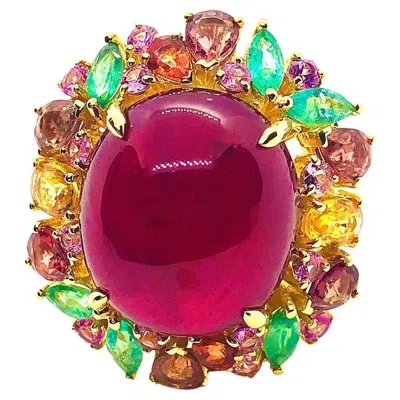 Pre-owned Bochic “orient” Vintage Emerald, Ruby & Orange Sapphire Cocktail Ring 18k Gold &