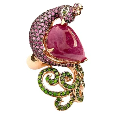 Pre-owned Bochic “orient” Vintage Emerald Ruby & Pink Sapphire Ring - 18k Gold & Silver
