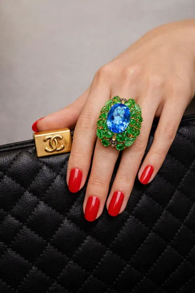 Pre-owned Bochic “orient” Vintage Emeralds, Topaz & Diamonds Set In 18k Gold & Silver In Multi