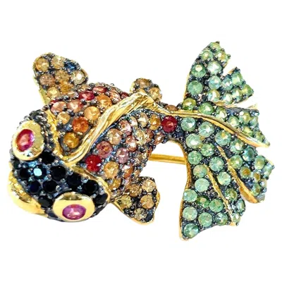 Pre-owned Bochic “orient” Vintage Fancy Color Sapphire Brooch Set In 18k Gold & Silver In Blue