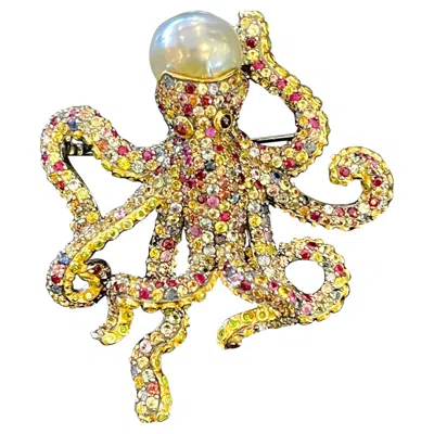 Pre-owned Bochic “orient” Vintage Fancy Sapphire & South Seal Baroque Pearl Brooch In Blue