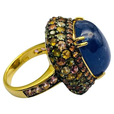 Pre-owned Bochic “orient” Vintage Fancy Sapphire & Tanzanite Ring Set 18k Gold & Silver In Blue