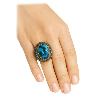 Pre-owned Bochic “orient” Vintage Gray Diamond, & Blue Topaz Ring Set In 18k Gold & Silver