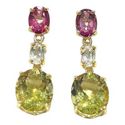 Pre-owned Bochic “orient” Vintage Lemon Quartz & Rhodorite Earrings Set 18k Gold & Silver In Multi