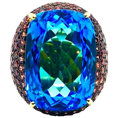 Pre-owned Bochic “orient” Vintage London Blue Topaz & Orange Sapphire Ring, 18k Gold & Sil