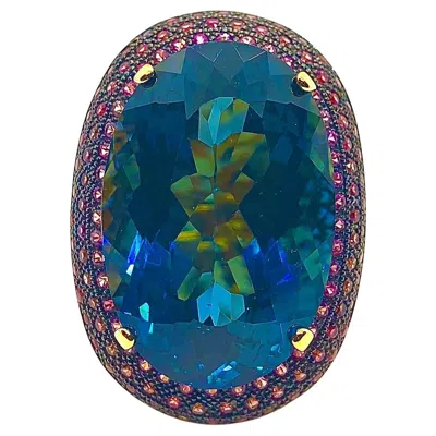 Pre-owned Bochic “orient” Vintage London Blue Topaz & Rhodolite Ring Set In 18 K Gold & Si