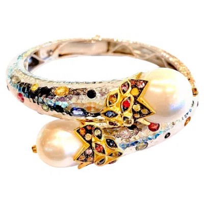 Pre-owned Bochic “orient” Vintage Multi Sapphire & Pearl Bangle Set In 18k Gold & Silver In Blue
