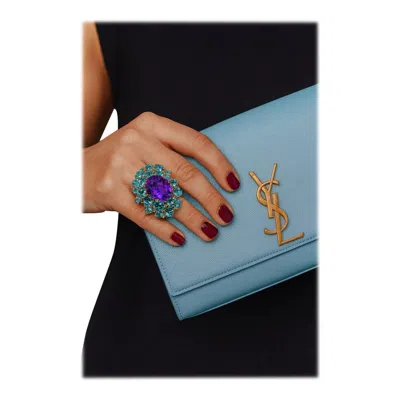 Pre-owned Bochic “orient” Vintage Natural Amethyst & Blue Topaz Ring Set 18k & Silver In Purple